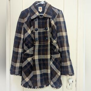 Anthropologie Tulle Plaid Double-Breasted Peacoat